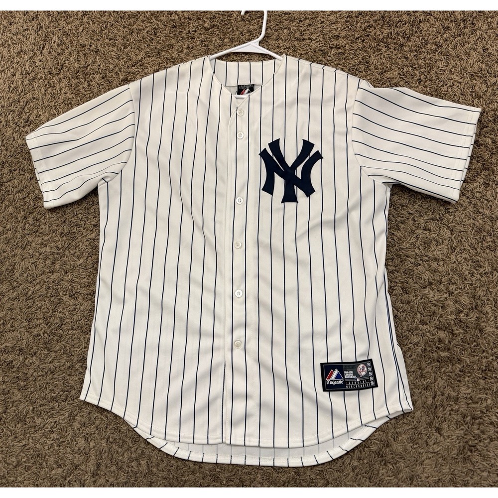 Vintage Derek Jeter NY Yankees Majestic Jersey #2 Pinstripe MLB Baseball Size L